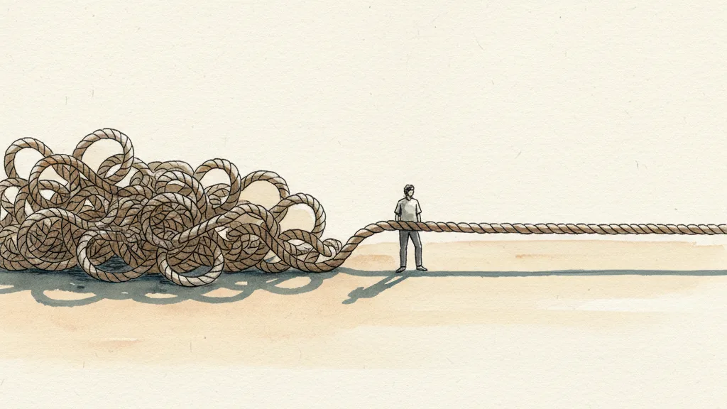 A tangle of loose slack rope on the left; a figure stands where the slack ends and the rope runs taut out of the frame.